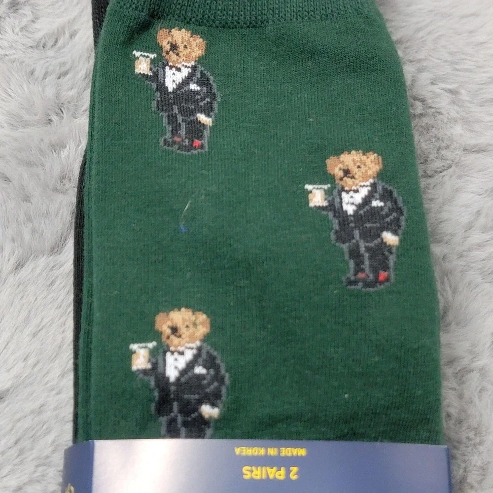 Polo Ralph Lauren Socks Mens 10-13 Green Tuxedo Polo Bear Crew 2 Pack Mid Calf